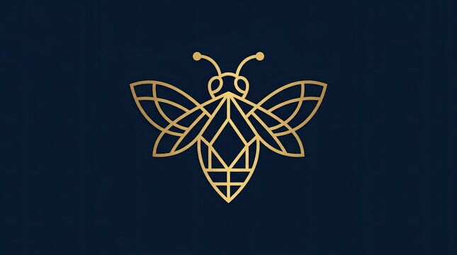 Geometric gold line art bee on navy background.