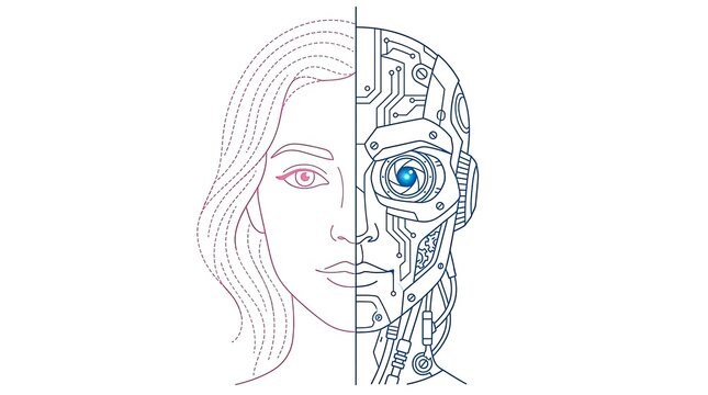 Half human half robot face line drawing.