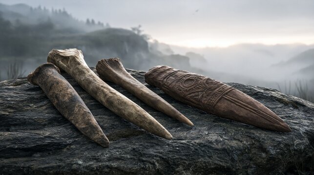 Weathered bone tools and carved implements rest on rough stone beside a misty moorland backdrop, evoking deep history without gore. Close-up still life composition, eerie overcast mood, soft diffused