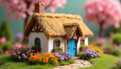 Naklejka premium Small fairytale cottage with thatched roof and colorful flower garden. Whimsical miniature home with blue door in lush green grass. Spring blossom trees in background.