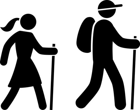 classic simple hiking walking hikers man and woman with walking sticks silhouette stickman stick figure side view symbol vector set on transparent background