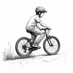 Naklejka premium Young boy in helmet rides bicycle outdoors on grassy terrain. Child enjoys cycling adventure on bike, moving on path. Kid wears casual clothes, focused on road.