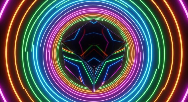 Vibrant Neon Spiral Tunnel with Geometric Center