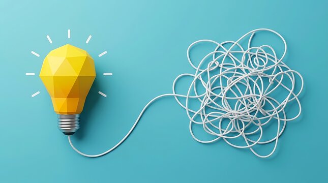 Yellow origami lightbulb with untangled white wire on blue background. Problem solving, simplifying complexity, from chaos to order, and creative thinking concept.