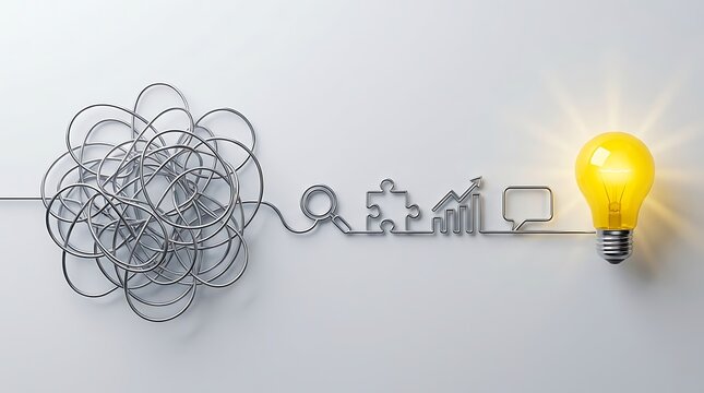 Tangled wire straightening into business analytics icons and ending at a glowing yellow lightbulb symbolizing business strategy and creative problem solving.