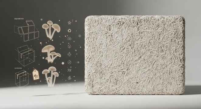 Conceptual Ecological Packaging Design with Holographic Box Wireframe and Spore Structures on Fibrous Mycelium Board