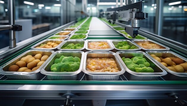 modern food packaging on a production line with healthy meals