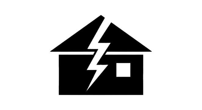 Minimal black silhouette icon, simple flat vector, bold black shape, no, no shading icon of a house split in half by a lightning bolt, representing storm damage on a, flat icon style
