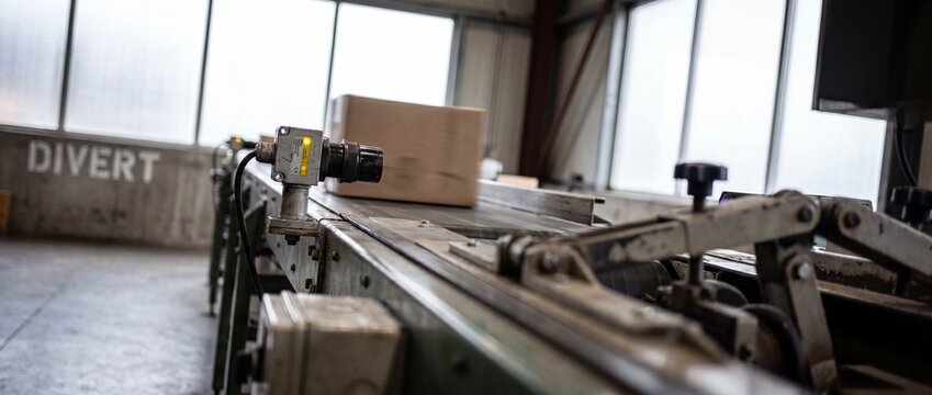 Conveyor belt sensor scanning box moving on automated sorting assembly line in warehouse logistics distribution factory center for product shipping delivery packaging transport industrial facilities..