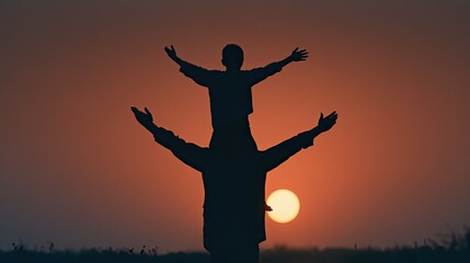 Fototapeta premium Father carrying son on shoulders silhouette at sunset, father and child open arms embrace dusk, warm family love outdoor portrait for parenting and gratitude design