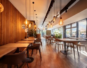 Fototapeta premium blurry indoor shot of a modern cafe with warm pendant lights and tables