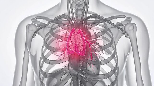 3D Medical Animation of Human Thymus Gland Anatomy in Transparent Chest with Rib Cage