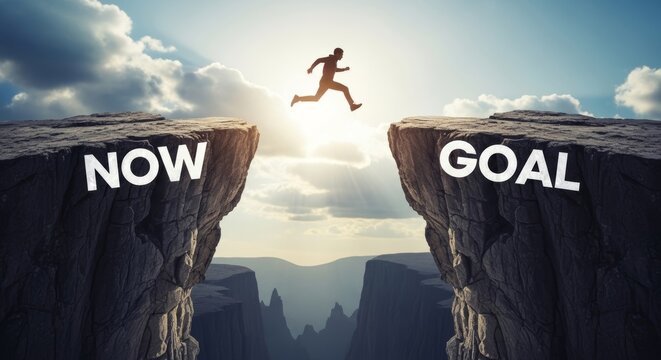 Man jumping over mountain gap between cliff labeled now and goal. Concept of business growth, ambition, motivation, overcoming challenge, success and achievement toward future vision.