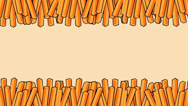 French fries arranged as a decorative border on a beige background with large copy space. Ideal for fast food promotions, restaurant menus, snack advertising, food branding, and culinary footage.