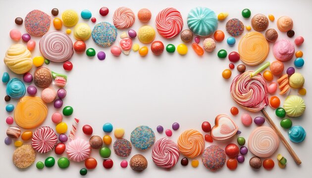 colorful candy frame with variety of sweets on white background