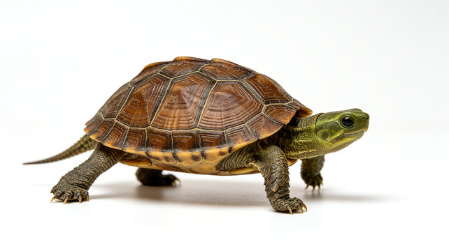 Small turtle walking isolated on a solid white background.