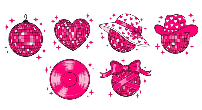 Retro Disco Icons, Pink Disco Ball, Heart, Hat, Record, Bow, Funky Party Elements, Vector Graphics