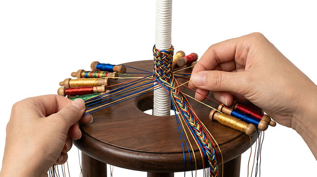 Hands Weaving Decorative Braids on a Wooden Marudai Tool Isolated on White