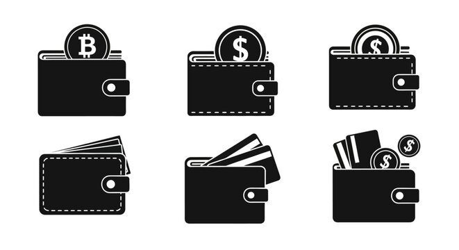 Wallet icons, cryptocurrency, bitcoin, dollar, money, finance, vector graphics