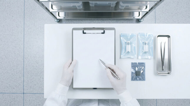 Overhead flat lay of a person wearing white gloves holding a pen over a blank clipboard on a sterile lab table with vials, a microchip in a pouch, and medical tools in a tray.