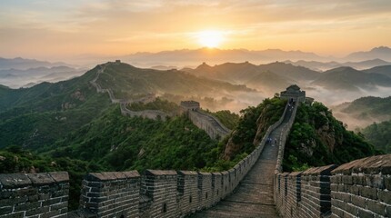 Fototapeta premium Sunrise Over the Great Wall of China, a Majestic Ancient Wonder.