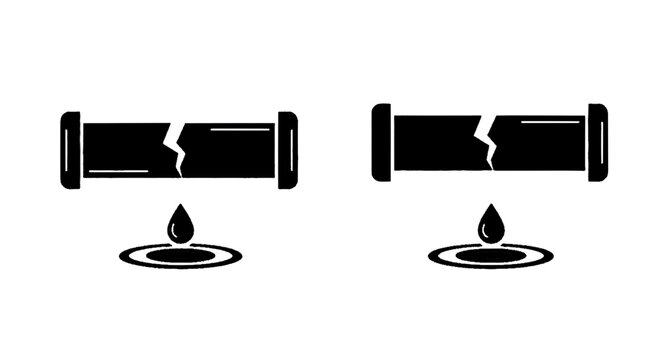 Minimal black silhouette icon, simple flat vector, bold black shape, no, no shading broken pipe icon set with leaking water drop on a, flat icon style