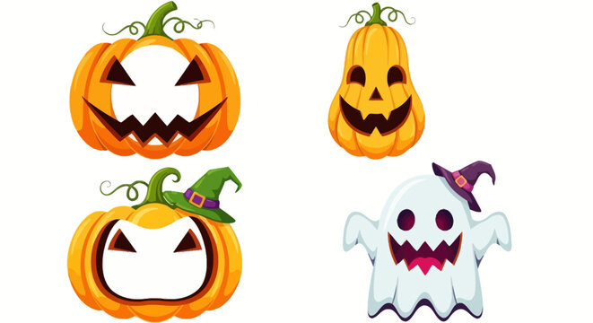 Halloween icons, spooky pumpkins, ghost, cartoon characters, vector illustrations