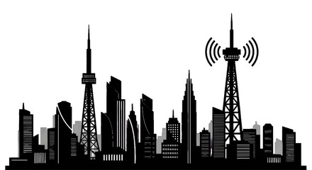 Fototapeta premium Minimal black silhouette icon, simple flat vector, bold black shape, no, no shading city skyline silhouette with communication towers on a, flat icon style