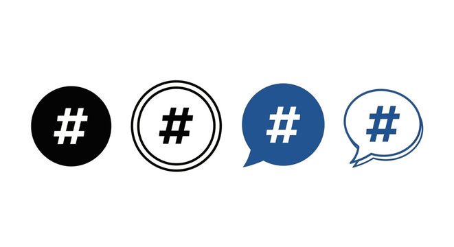 Social media hashtag symbols, blue and black icons, vector set
