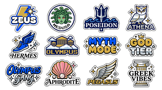 A vibrant pack of y2k stickers featuring mythological gods in an aesthetic sticker pack with various designs.