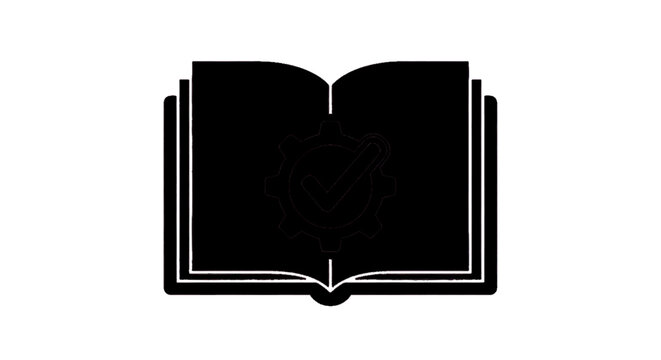 Minimal black silhouette icon, simple flat vector, bold black shape, no, no shading open book icon with gear and check mark symbol on a, flat icon style
