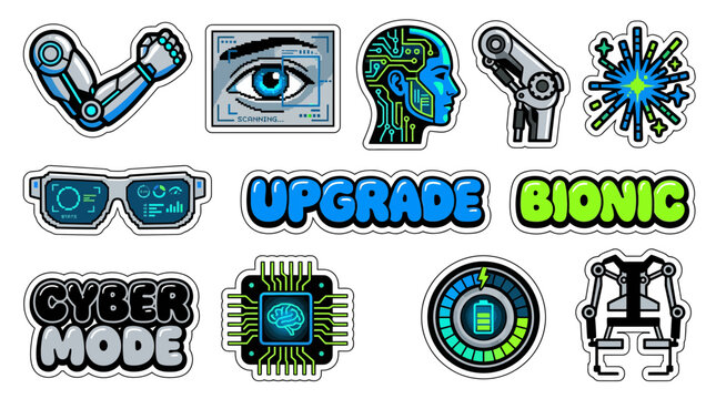 A futuristic y2k aesthetic sticker pack with bionic upgrade illustrations