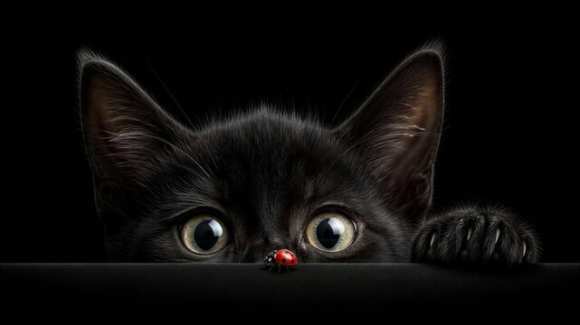Eine schwarze Katze sieht auf einen Marienk&auml;fer, Nahaufnahme, gro&szlig;e Augen