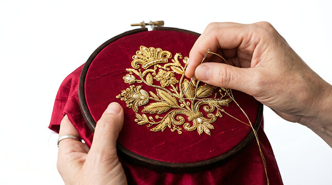 Detailed Gold Thread Embroidery on Red Velvet Fabric Isolated on White Background