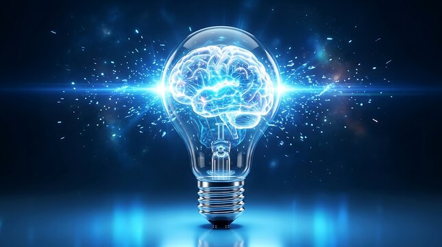 Exploding Digital Brain Inside A Lightbulb With Glowing Blue Particles Symbolizing Genius Ideas Artificial Intelligence And Mind Blowing Innovation