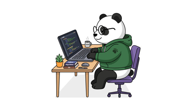 Coding Panda Programmer: A cute panda wearing glasses and a green hoodie is typing on a laptop, surrounded by books and a cup of coffee, symbolizing focus and dedication to coding.