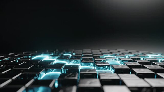Digital grid of illuminated cubes forming a data surface. Abstract geometric blocks with blue glowing light effects. Futuristic information processing network cloud