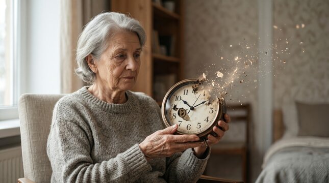 Senior woman looking at vintage clock dissolving into dust particles in home interior. Concept of fleeting time, aging, memories and passing life. Philosophical representation of mortality.