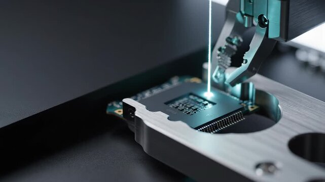 Robotic claw scanning a computer central processing unit with a blue laser. Automated electronics assembly line and precision manufacturing of hardware components
