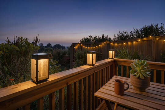 Solar-Powered Outdoor Deck Lighting at Dusk &ndash; Sustainable Garden Illumination