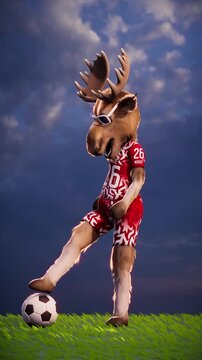 Funny moose goalkeeper warms up with a soccer ball on a grass field against a stunning sky background - 3D render