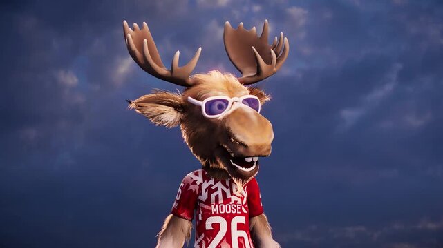 Funny moose goalkeeper warms up with a soccer ball on a grass field against a stunning sky background - 3D render