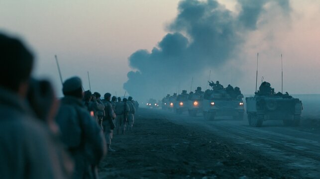 A line of soldiers and armored vehicles paused on a rough border road, smoke rising on the horizon, wary posture and radio gear, tense conflict mood, cold dawn lighting, wide composition with