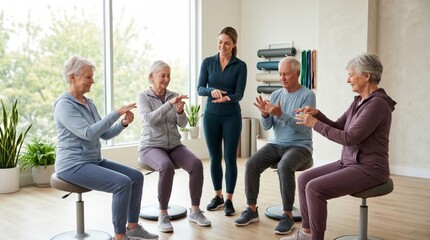 Fototapeta premium Woman instructor leading fitness exercise for retired people. Senior group doing finger mobility workout in rehabilitation center. Active lifestyle as wellness activity for elderly.
