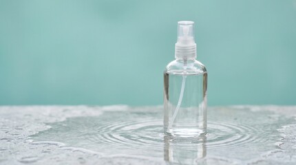 Obraz premium Clear spray bottle with liquid on a wet surface and blue background