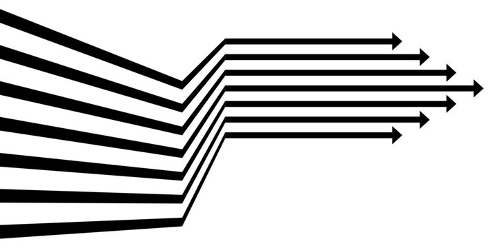 Seven parallel arrows converging into a sharp pointed cluster on a white background, formed from solid black negative-space vector shapes with individual chevron tips.