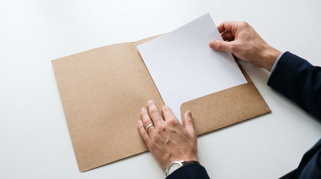 Man in Suit Placing Document into Manilla Folder on White Desk