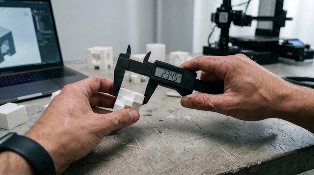 Close up of hands measuring a 3D printed object with digital calipers