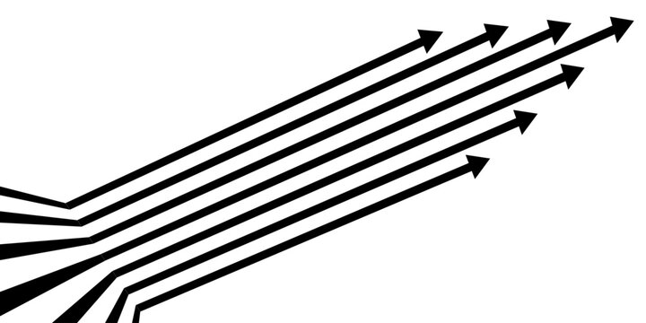 Seven parallel arrows converging into a sharp pointed cluster on a white background, formed from solid black negative-space vector shapes with individual chevron tips.