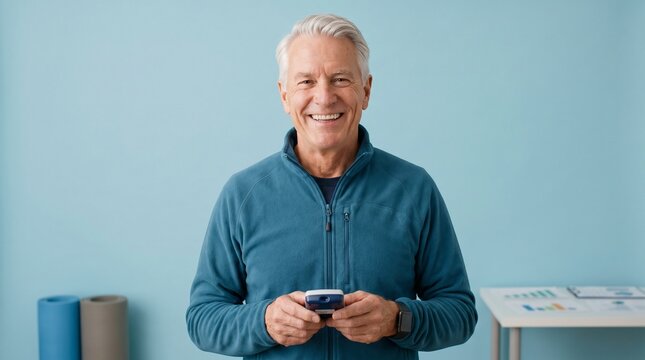 Smiling senior man holding a pulse oximeter device with a light blue background